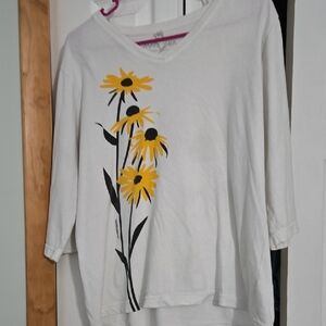 Chic White Long Sleeve Top with Yellow Floral Design